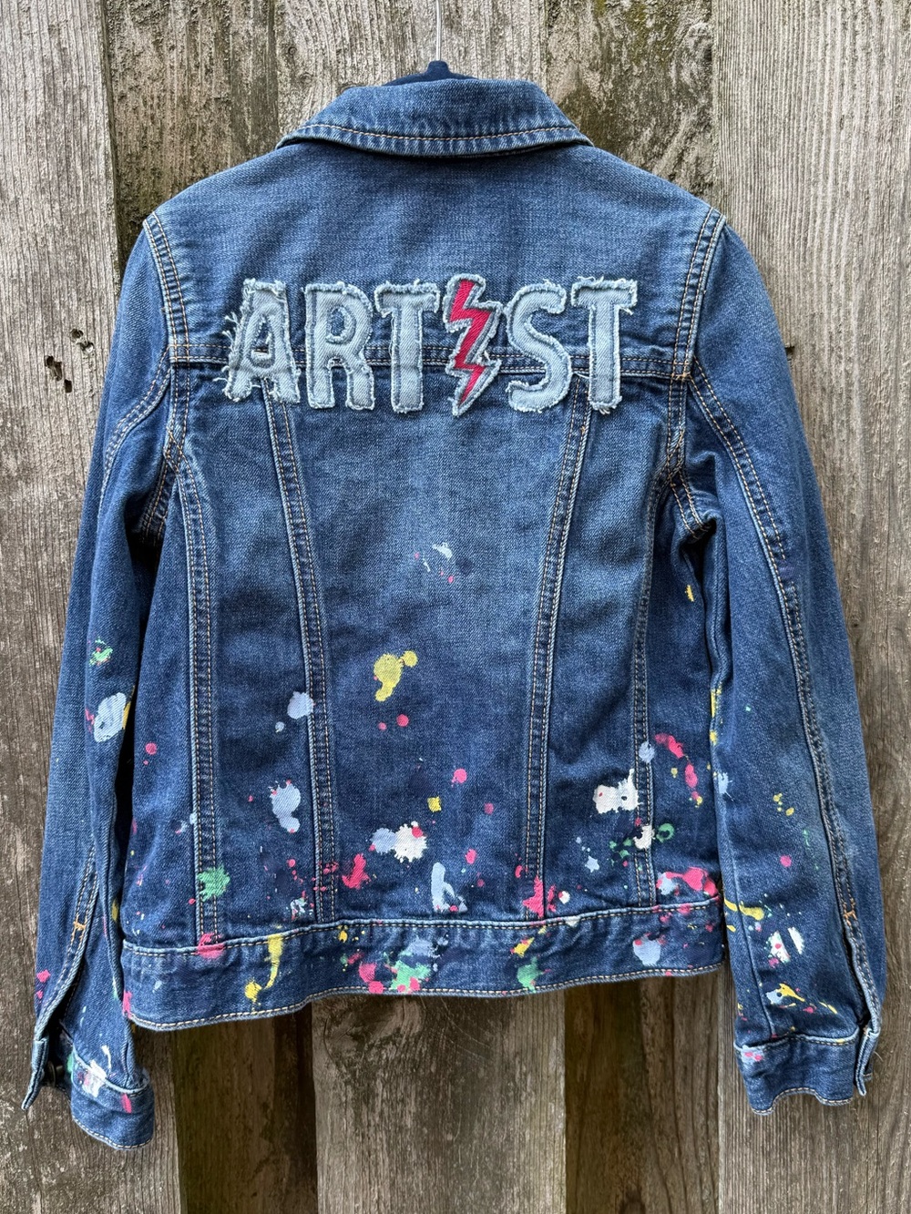GAP Blue Denim Jacket with Artist back and Multicolor Paint Splatters